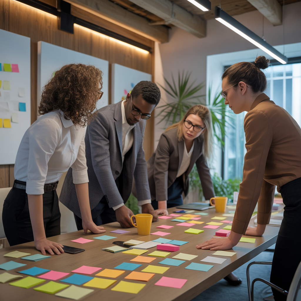 Équipe FinTech IA en réunion de brainstorming
